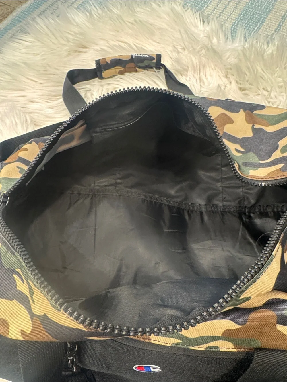 Champion Black Duffel with Green Camo Top